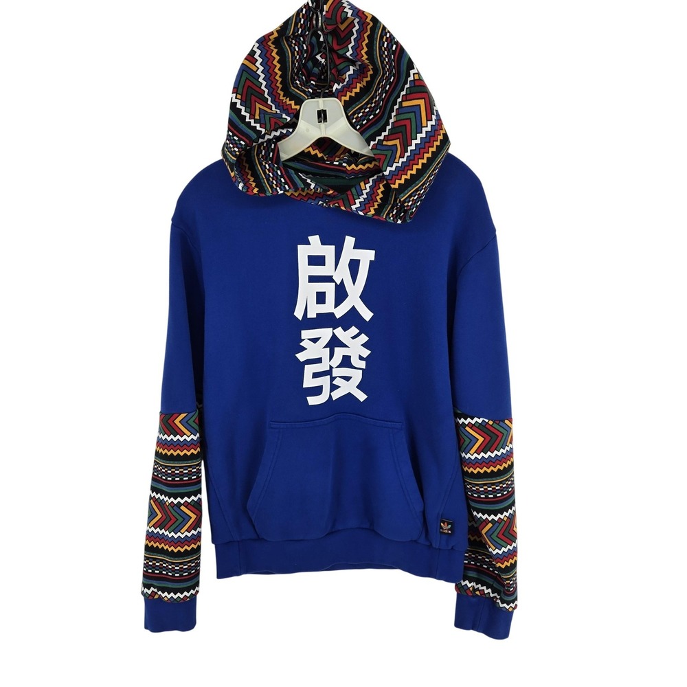 Adidas Originals Hoodie Mens Large Blue Multicolor Chinese Characters Pullover